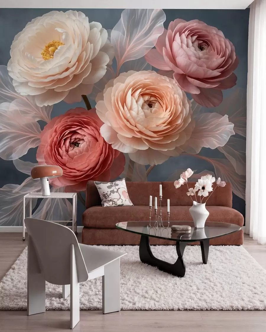 wall murals Bouquet of peonies and ranunculus in peach and pink shades on dark background w09926