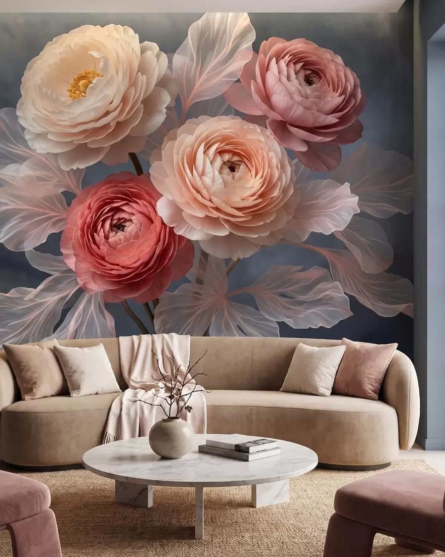 wall murals Bouquet of peonies and ranunculus in peach and pink shades on dark background w09926