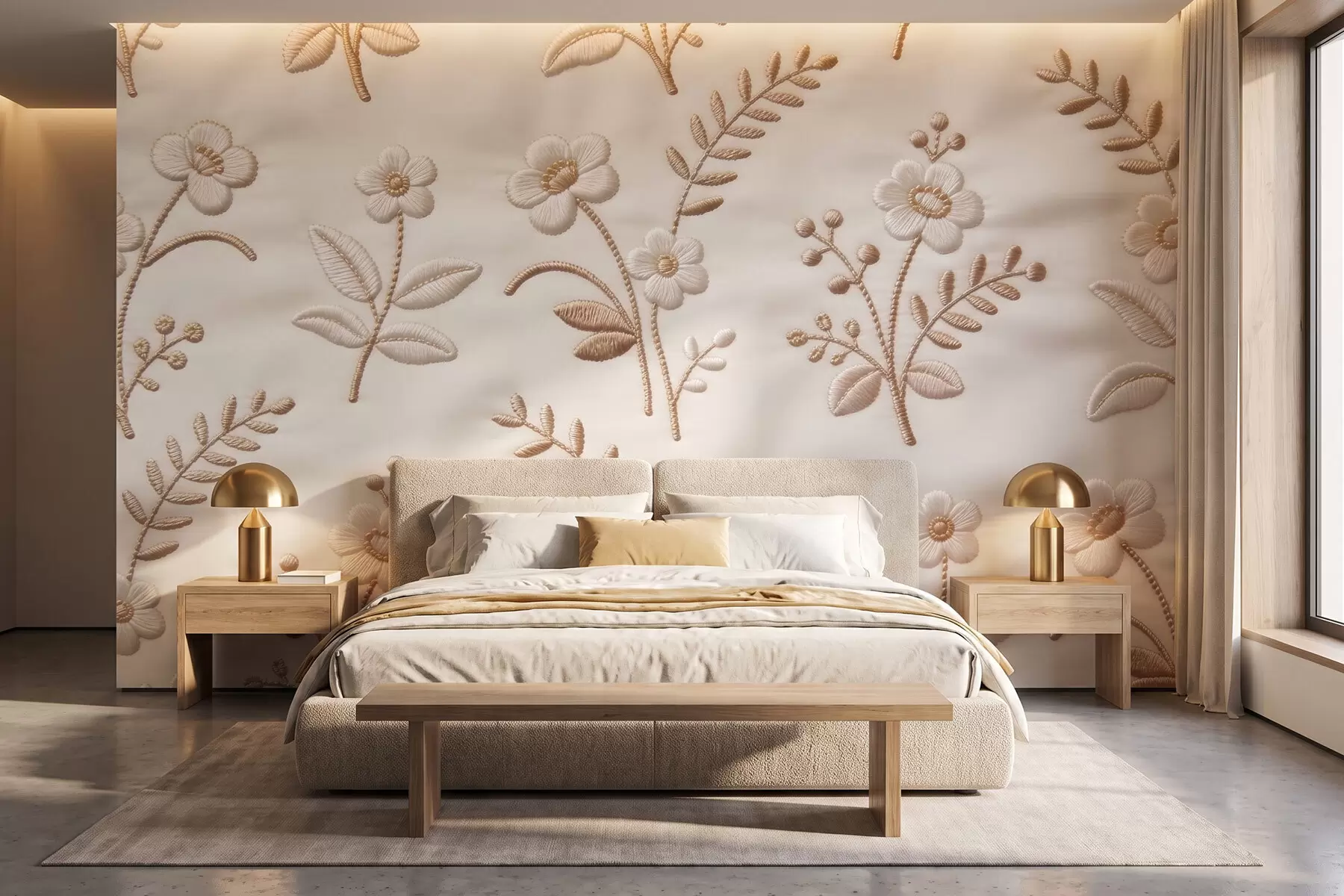 wall murals Imitation embroidery floral pattern with yellow thread on fabric w09953