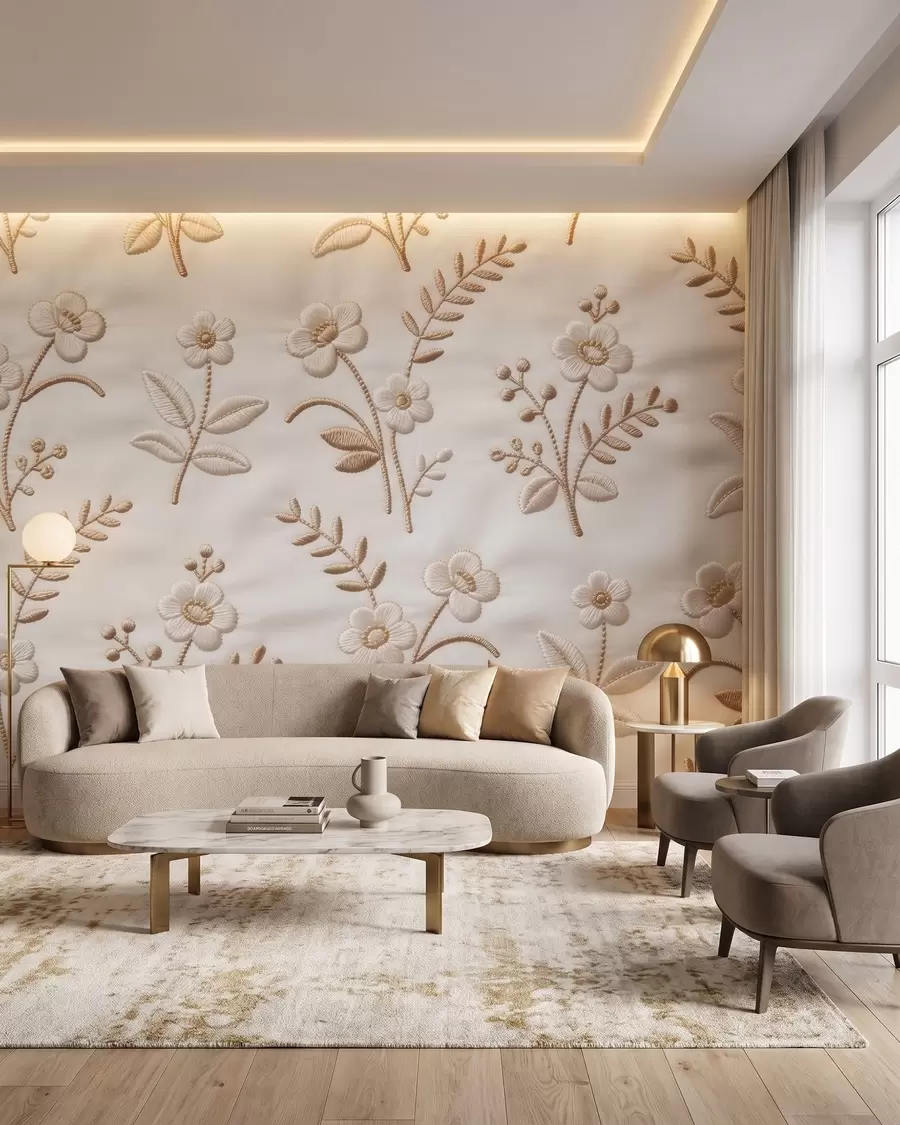 wall murals Imitation embroidery floral pattern with yellow thread on fabric w09953