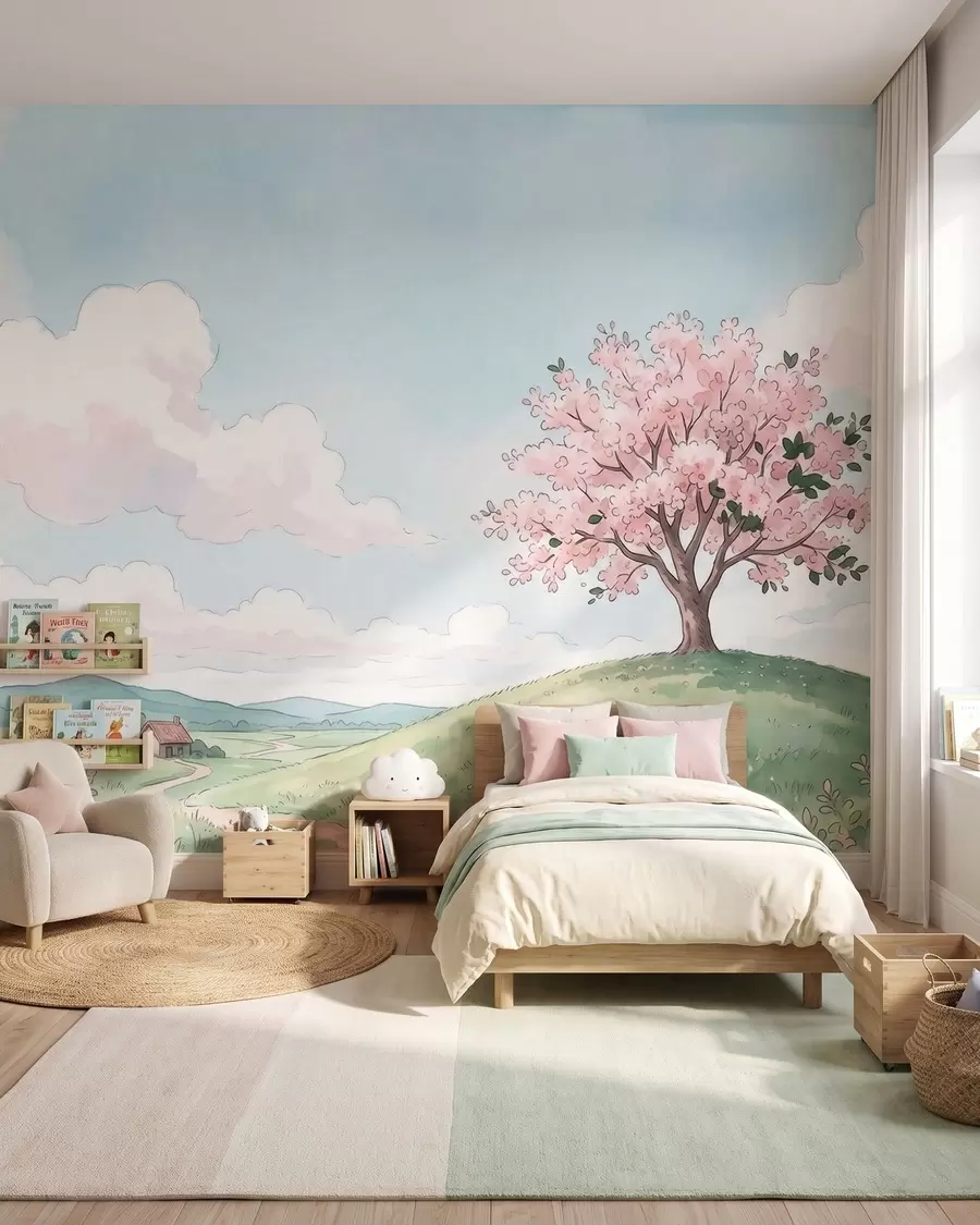 wall murals Blooming tree on green hill with distant cottage, watercolor style landscape w09954