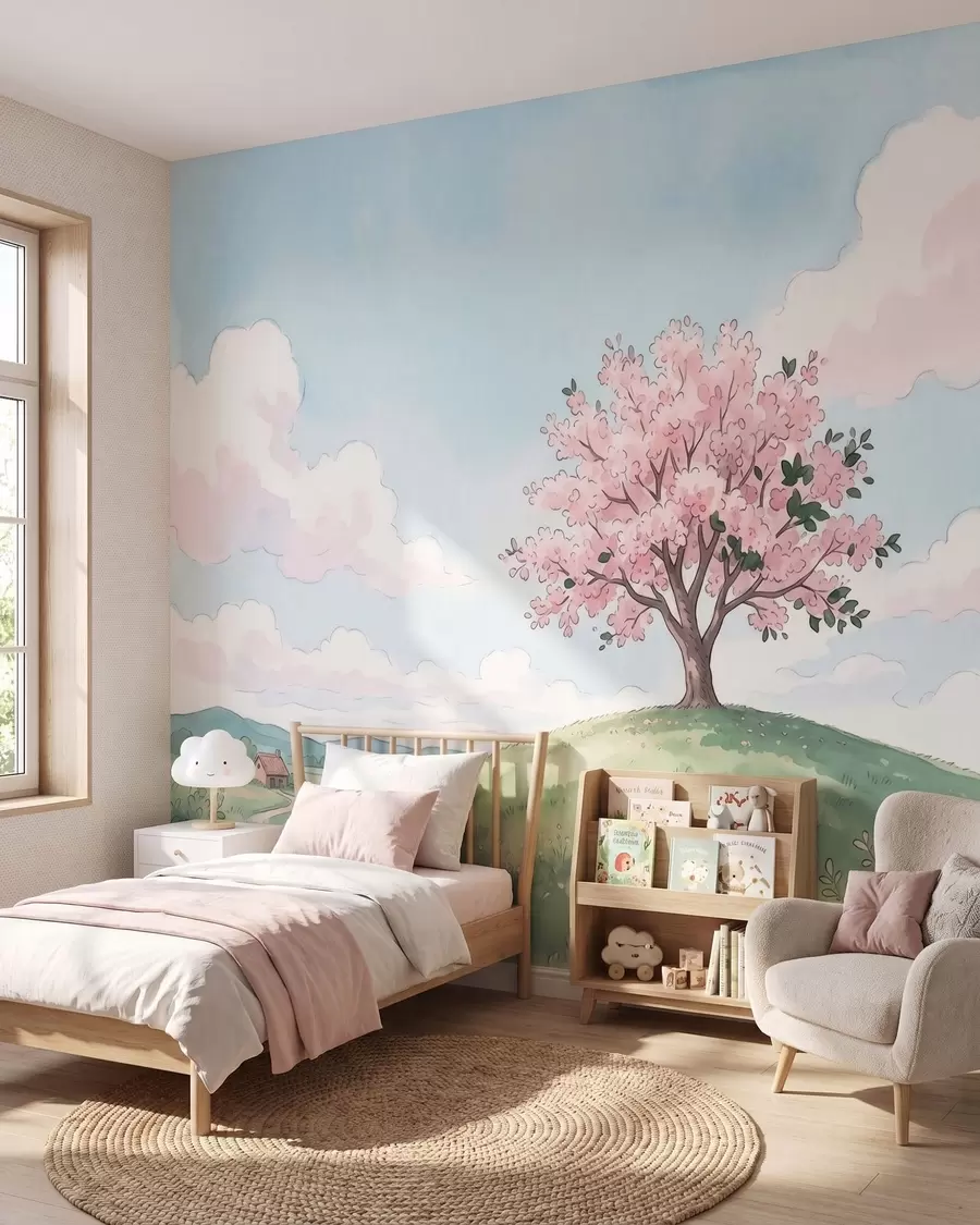 wall murals Blooming tree on green hill with distant cottage, watercolor style landscape w09954