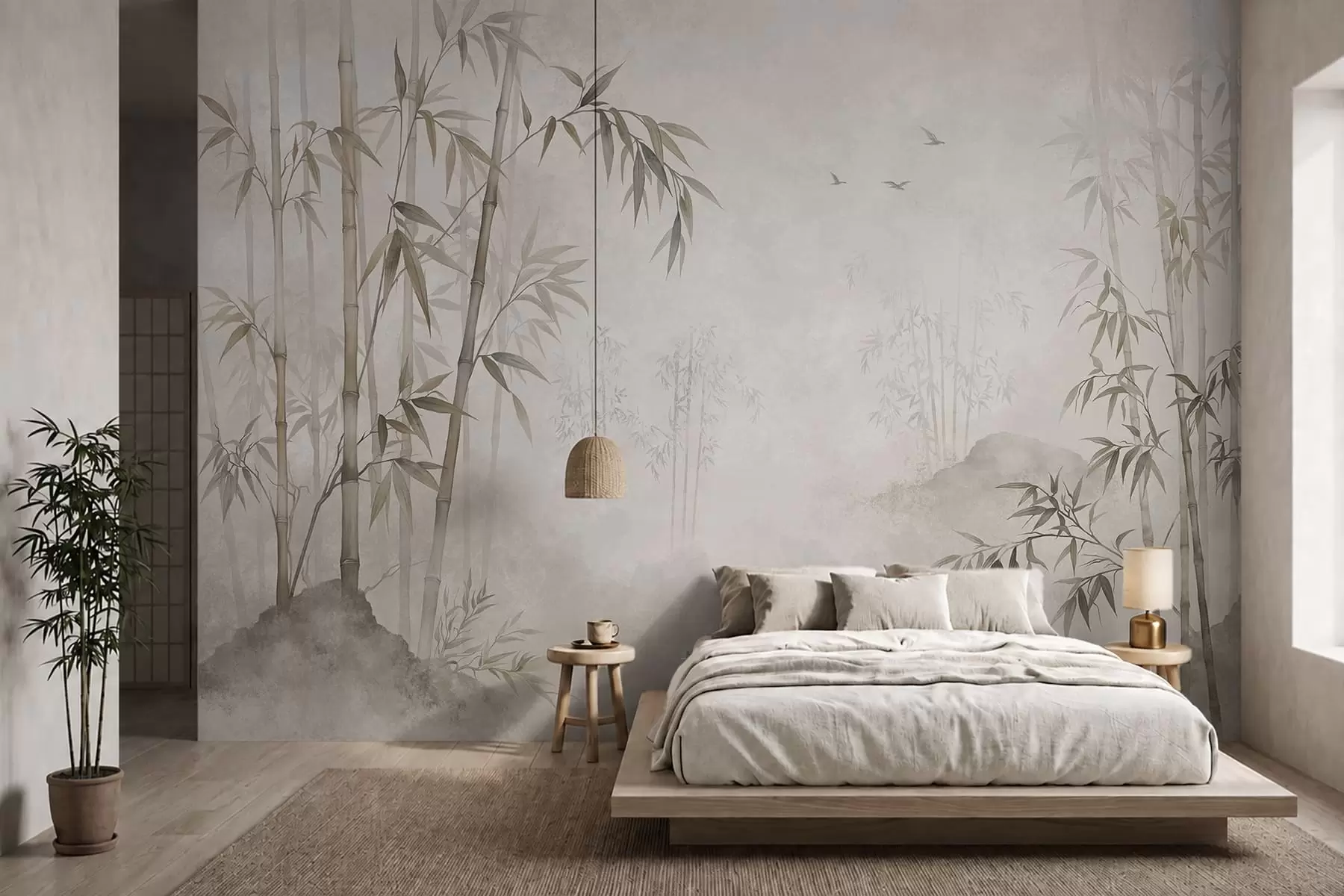 wall murals A misty bamboo grove by calm waters w05732