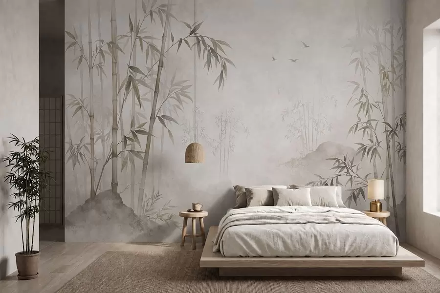 wall murals A misty bamboo grove by calm waters w05732