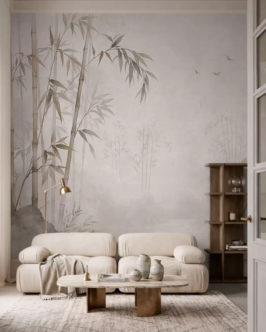wall murals A misty bamboo grove by calm waters w05732