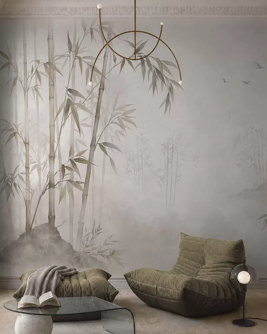 wall murals A misty bamboo grove by calm waters w05732