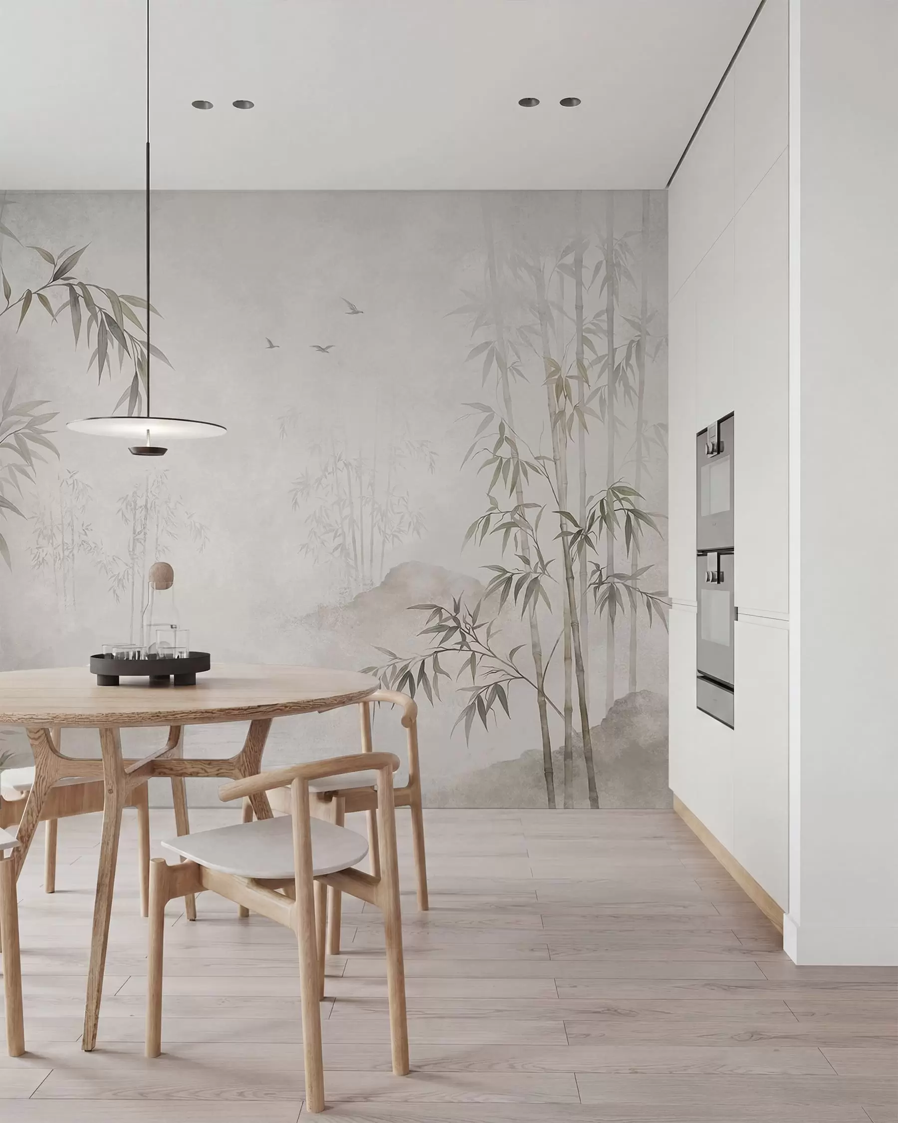 wall murals A misty bamboo grove by calm waters w05732