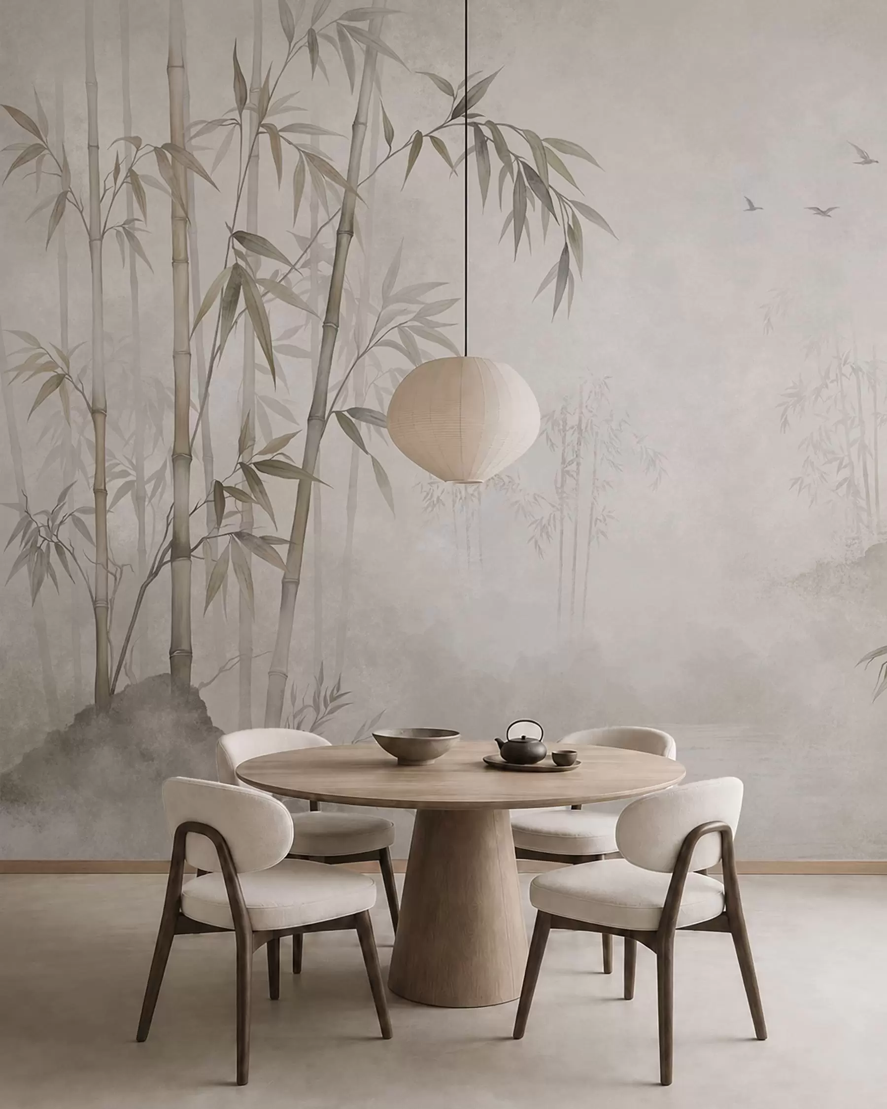 wall murals A misty bamboo grove by calm waters w05732