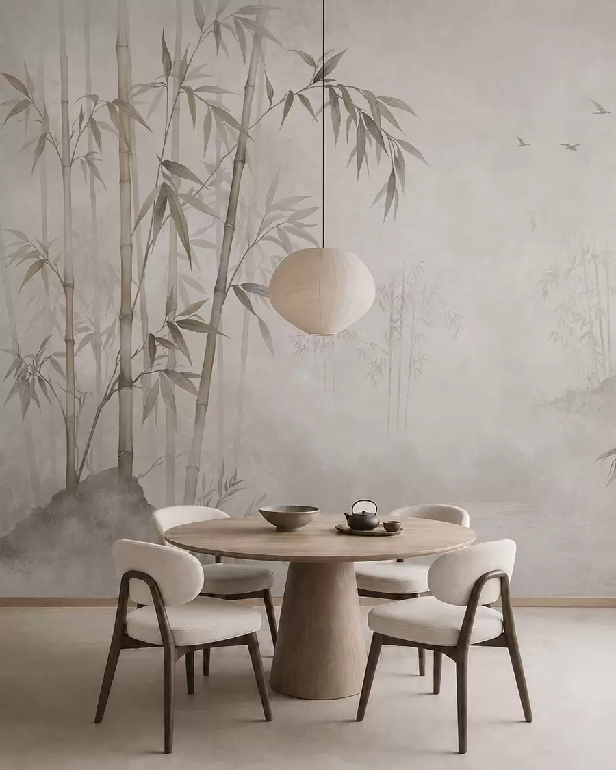 wall murals A misty bamboo grove by calm waters w05732