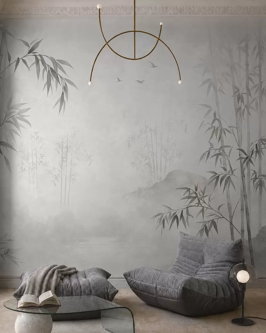 wall murals A misty monochrome bamboo grove by calm waters w05732v1