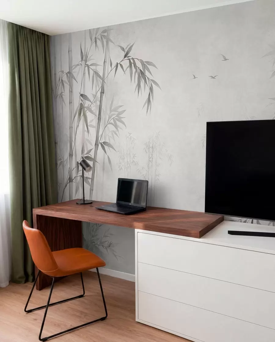 wall murals A misty monochrome bamboo grove by calm waters w05732v1