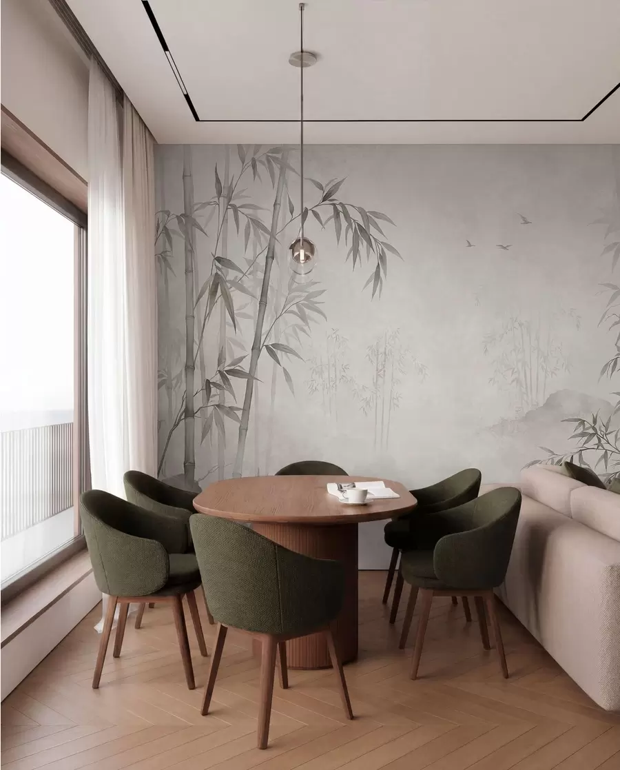 wall murals A misty monochrome bamboo grove by calm waters w05732v1