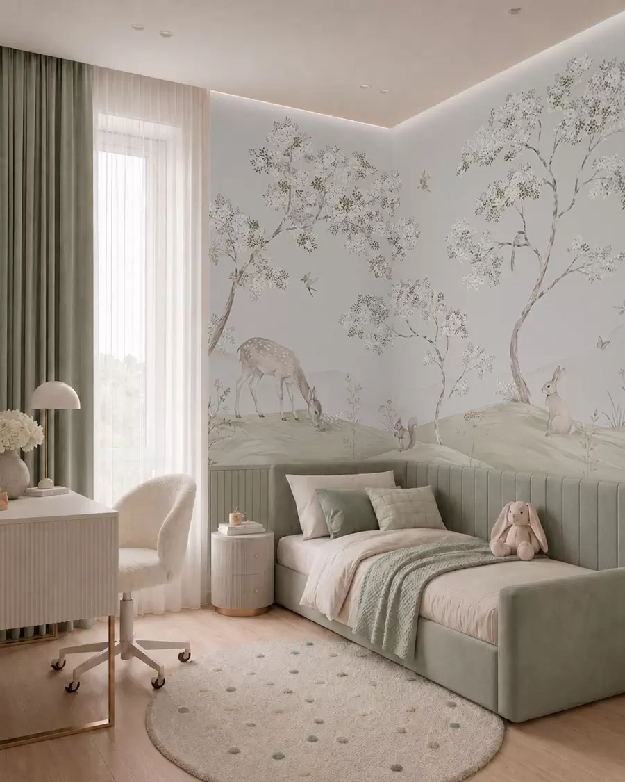 wall murals Blooming trees with a deer, a hare, and a squirrel in shades of blue w05809v1