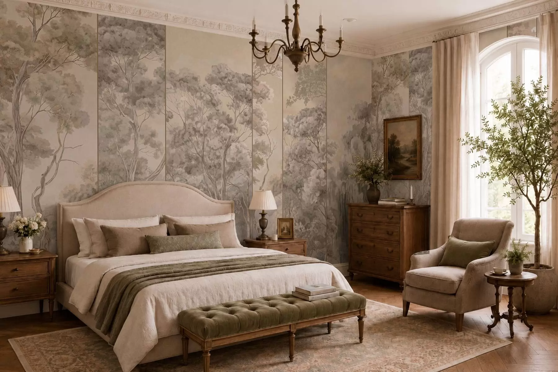 wall murals A panoramic forest with tall trees in soft, warm tones w05811