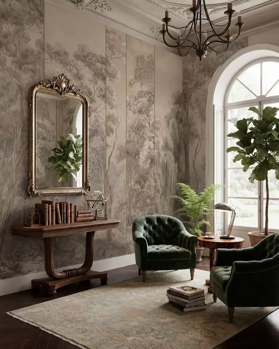 wall murals A panoramic forest with tall trees in soft, warm tones w05811