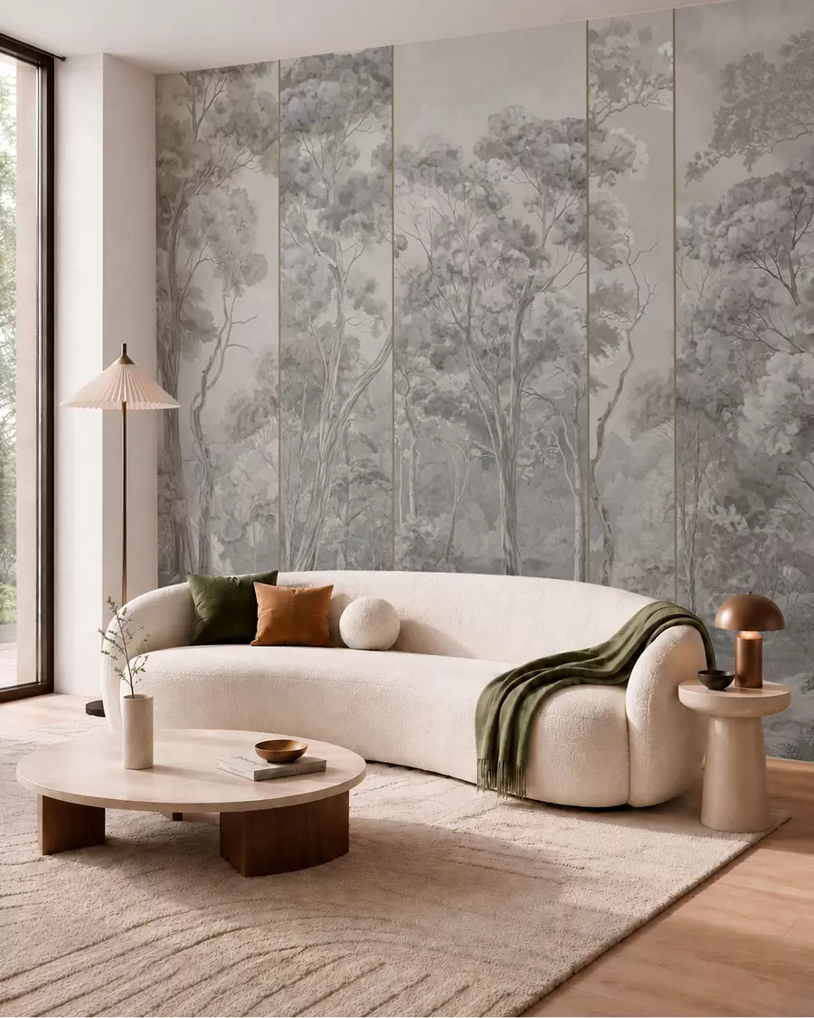 wall murals A panoramic forest with tall trees in soft, cool tones w05811v1