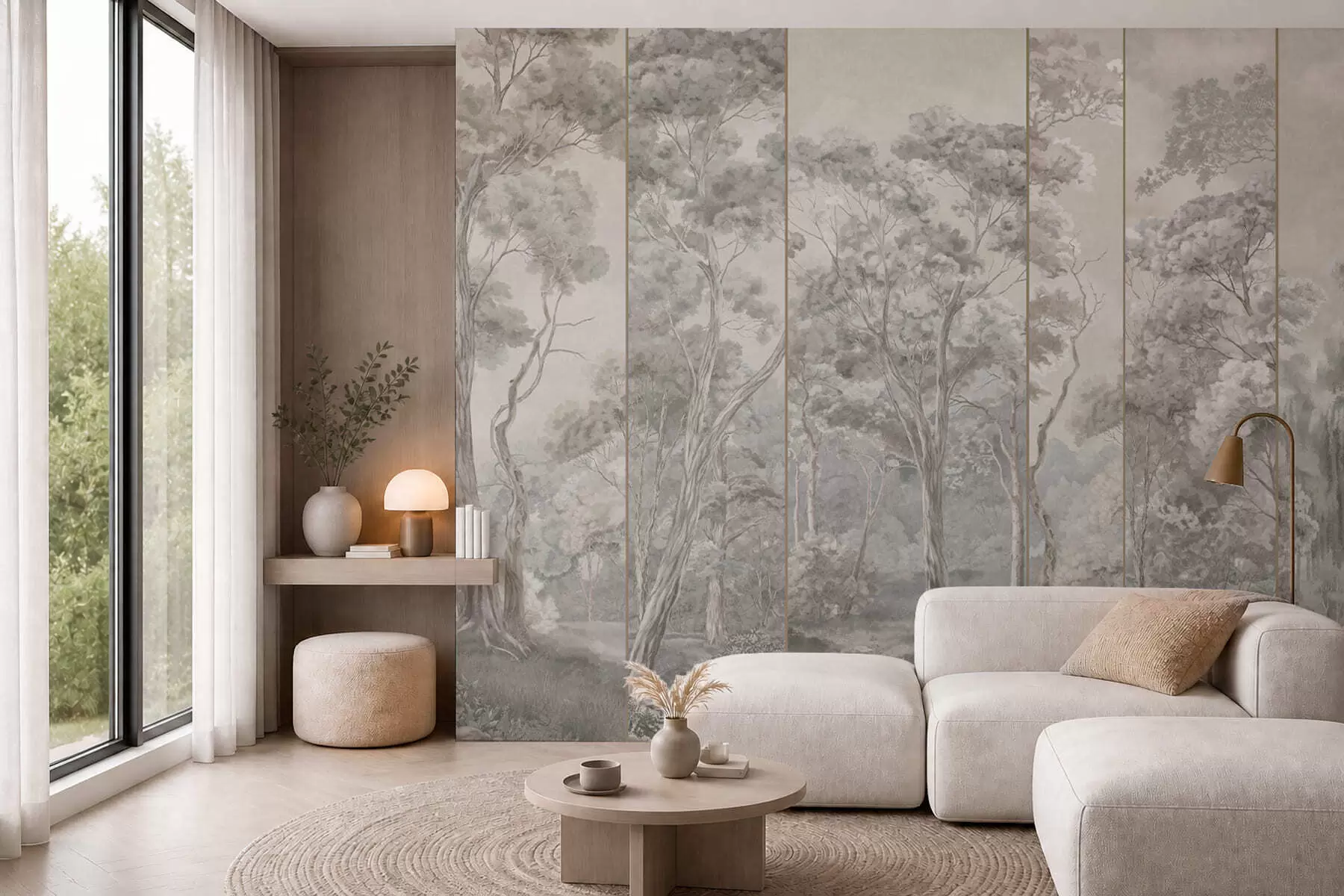 wall murals A panoramic forest with tall trees in soft, cool tones w05811v1