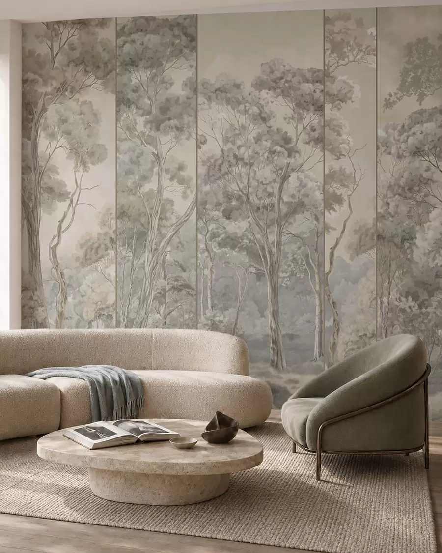 wall murals A panoramic forest with tall trees in soft tones w05811v2