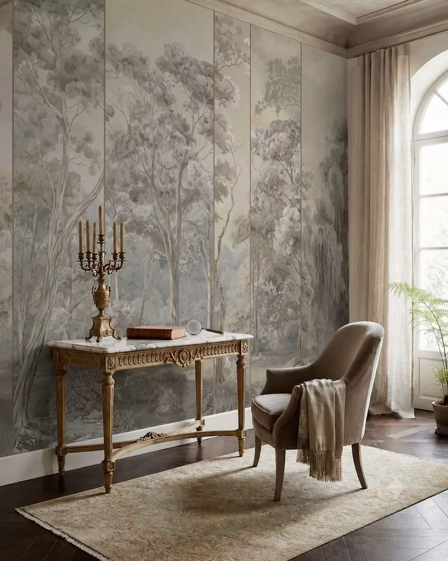 wall murals A panoramic forest with tall trees in soft tones w05811v2