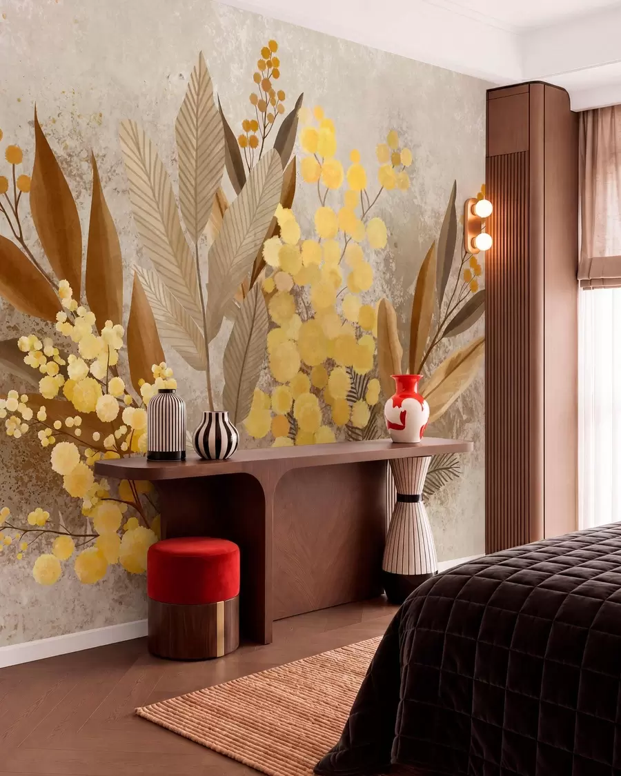 wall murals Painted mimosa branches and a herbarium in warm shades w05659