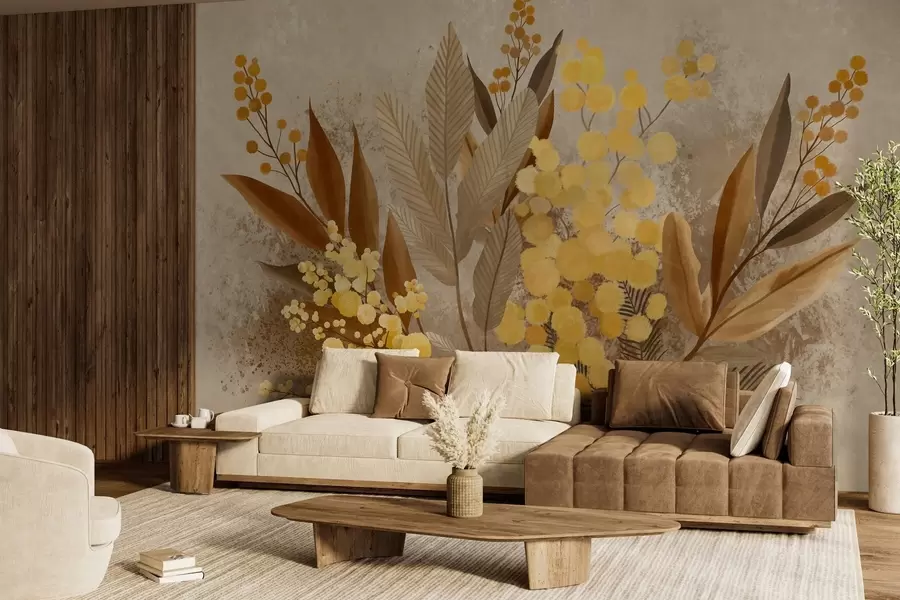 wall murals Painted mimosa branches and a herbarium in warm shades w05659