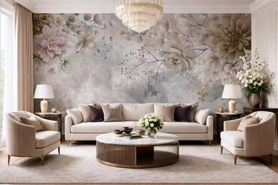 wall murals Fantasy flowers in a retro style in the image above, in shades of beige and brown w05753