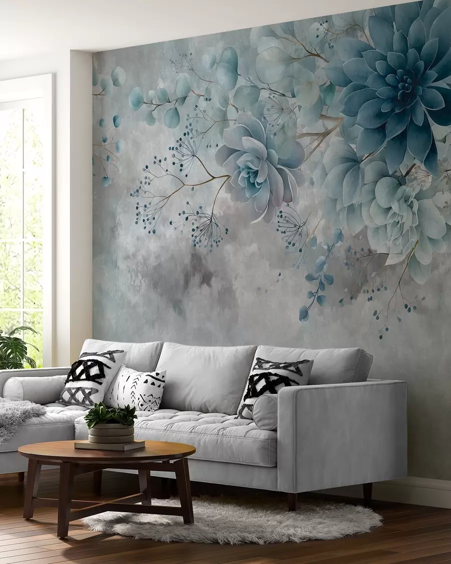 wall murals A top-down view of retro-style fantasy flowers, in shades of blue and turquoise w05753v1