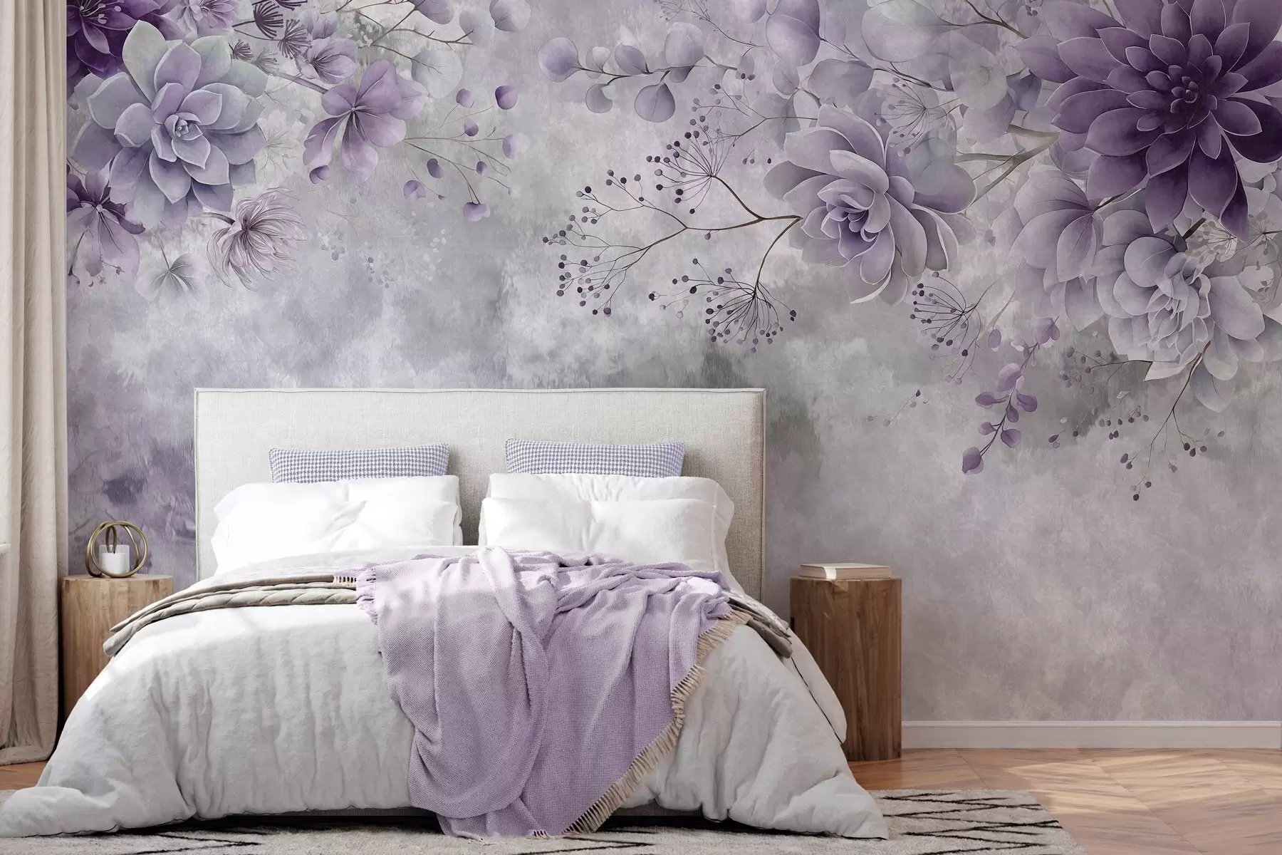 wall murals A top-down view of retro-style fantasy flowers, in shades of purple w05753v2