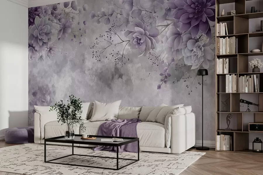 wall murals A top-down view of retro-style fantasy flowers, in shades of purple w05753v2