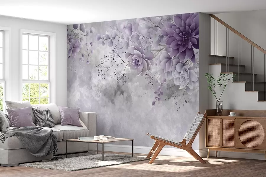 wall murals A top-down view of retro-style fantasy flowers, in shades of purple w05753v2