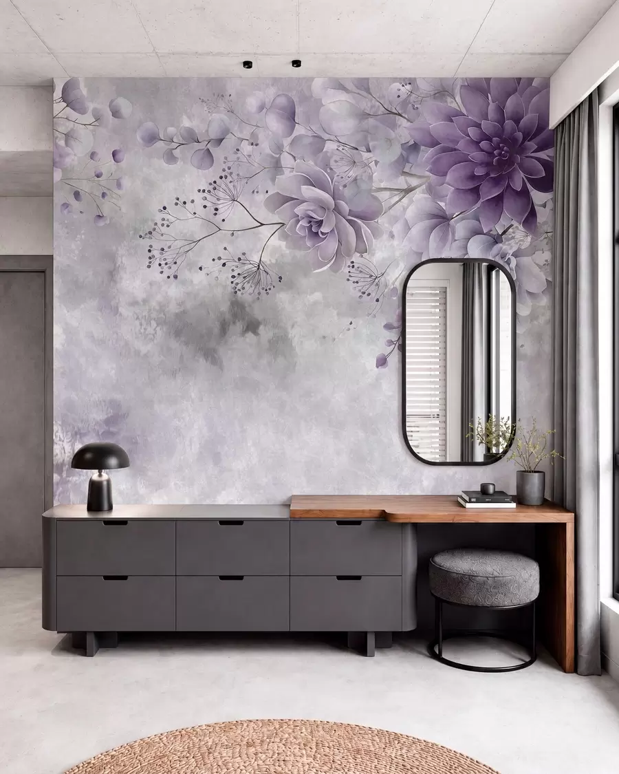 wall murals A top-down view of retro-style fantasy flowers, in shades of purple w05753v2