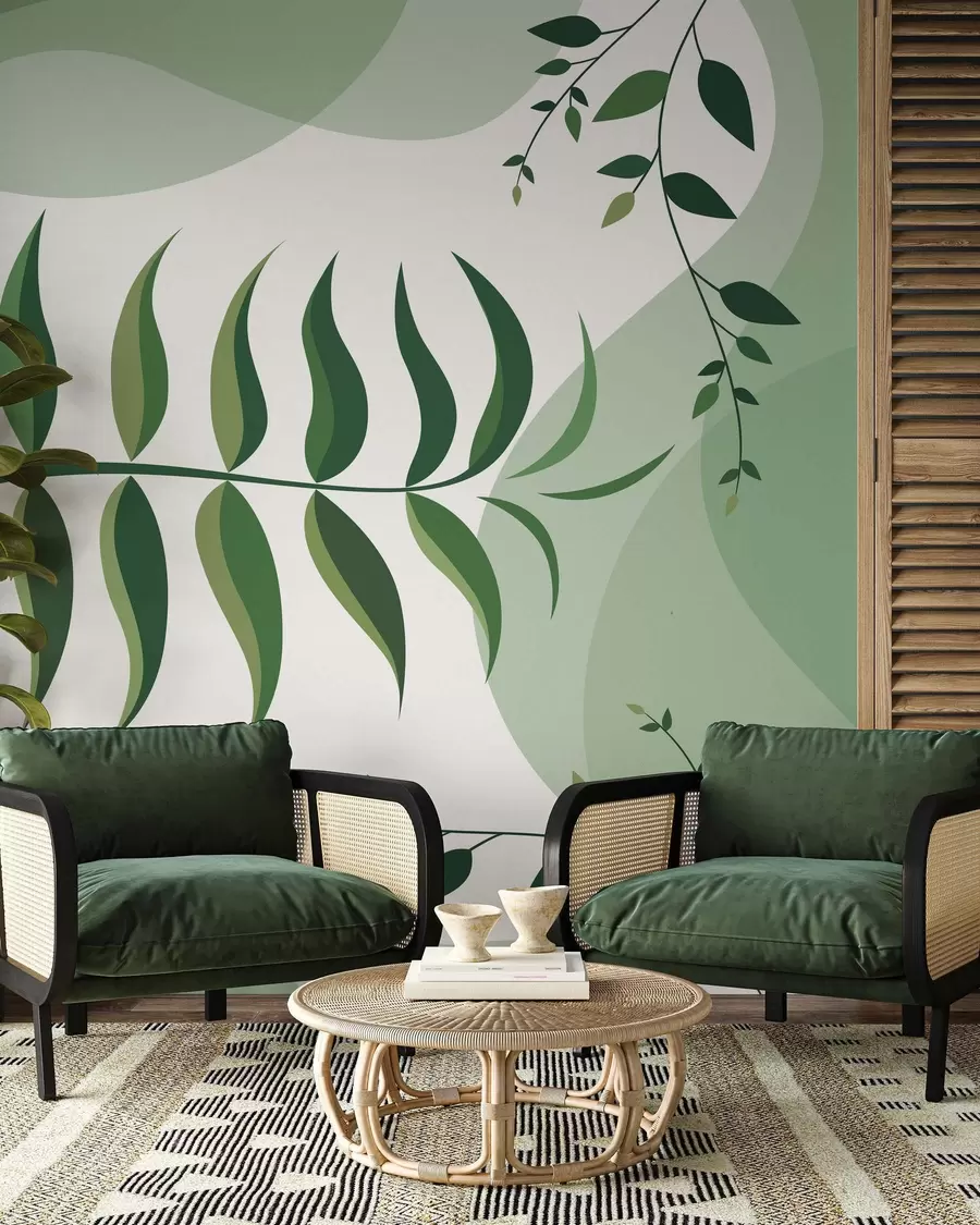 wall murals A curved fern leaf in shades of green w05756