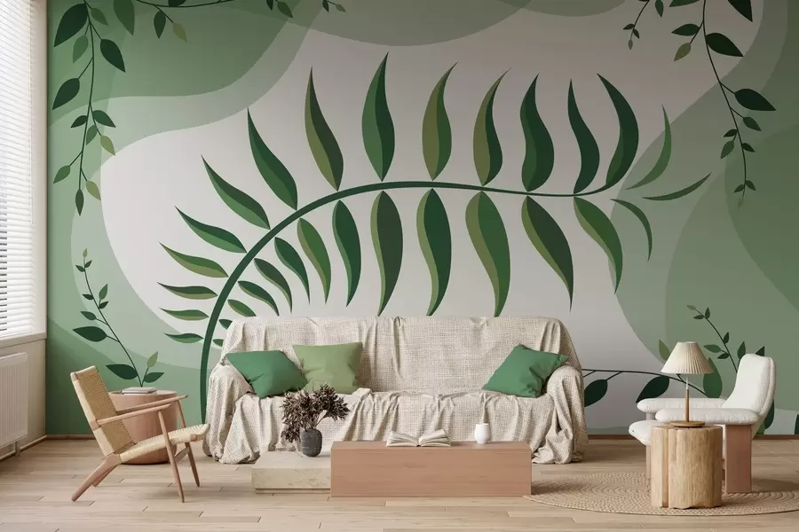 wall murals A curved fern leaf in shades of green w05756