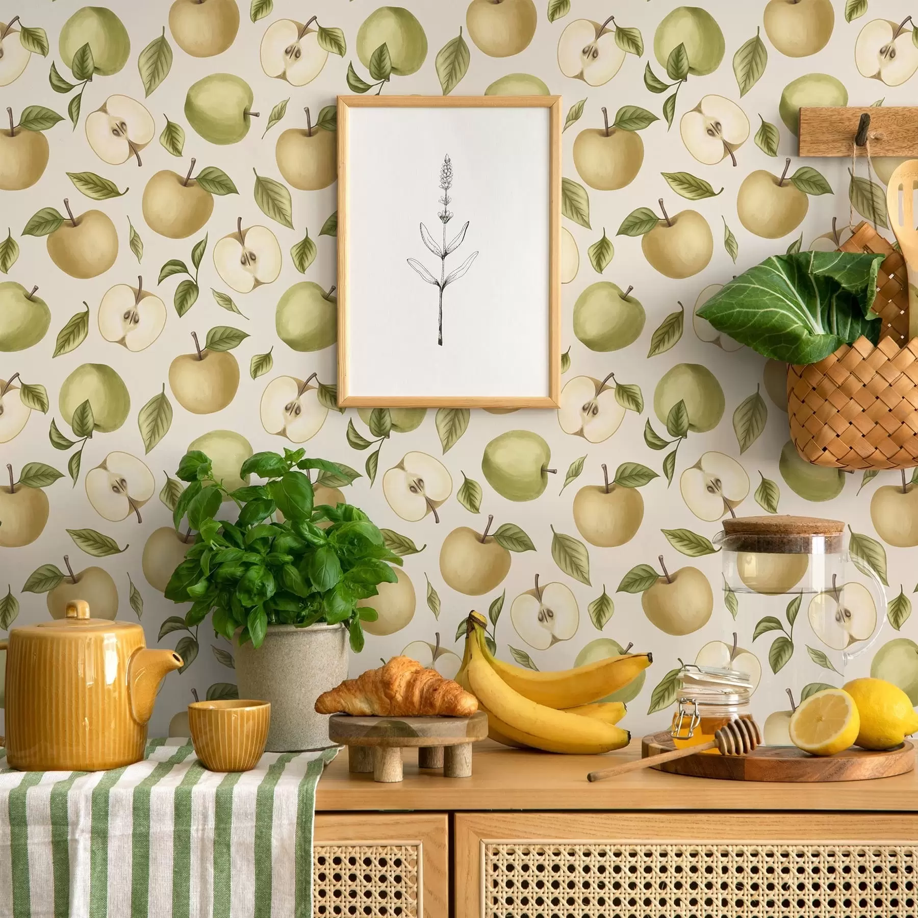 wall murals Green apples and leaves on a light background a01236