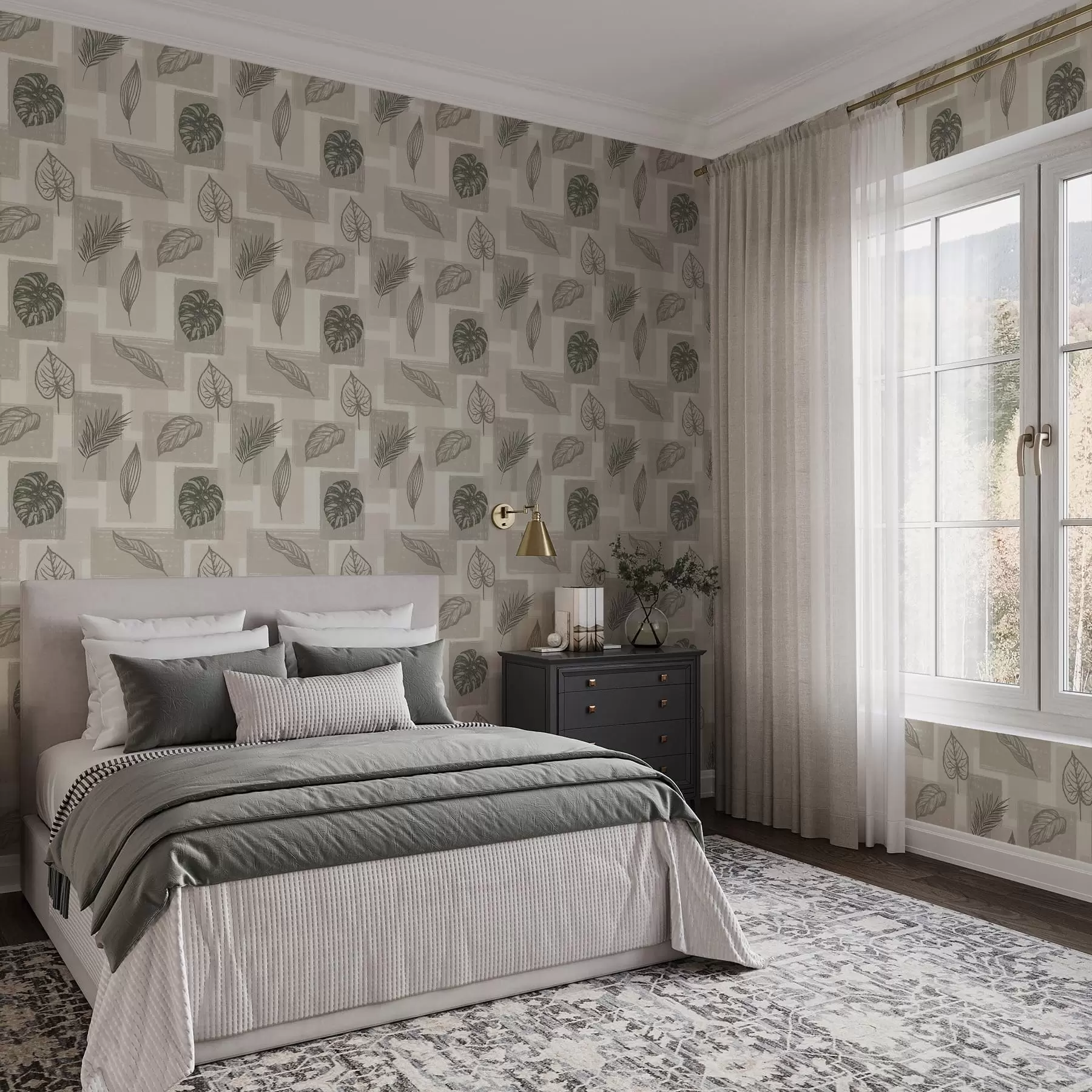 wall murals Tropical leaf outlines with geometric blocks a01239
