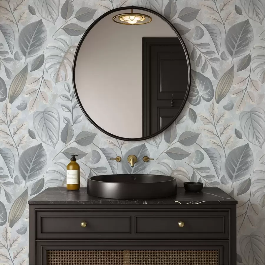 wall murals Large decorative foliage in blue-gray tones a01241