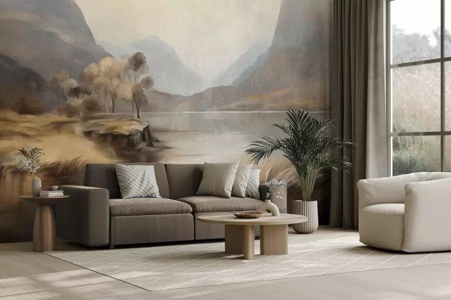 wall murals Textured muted landscape, lake with mountains, tall grass w09978