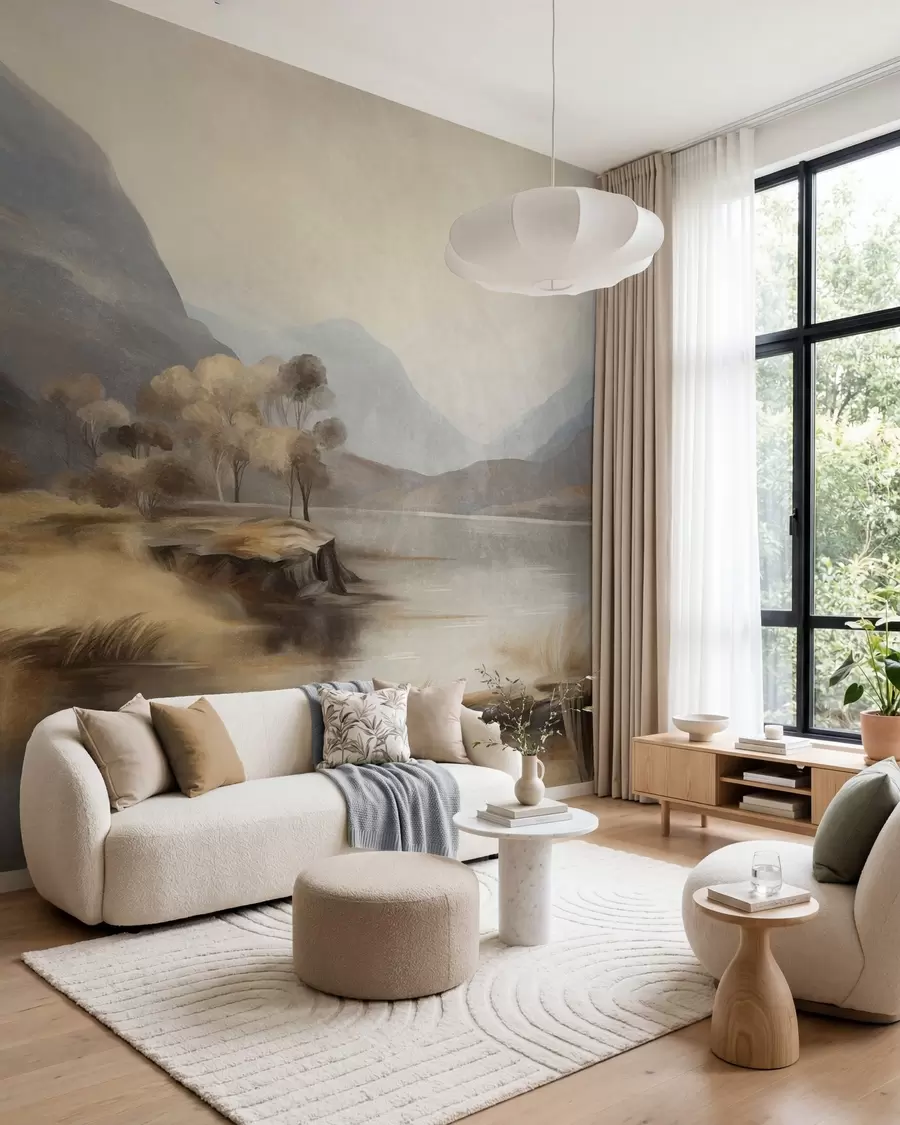 wall murals Textured muted landscape, lake with mountains, tall grass w09978
