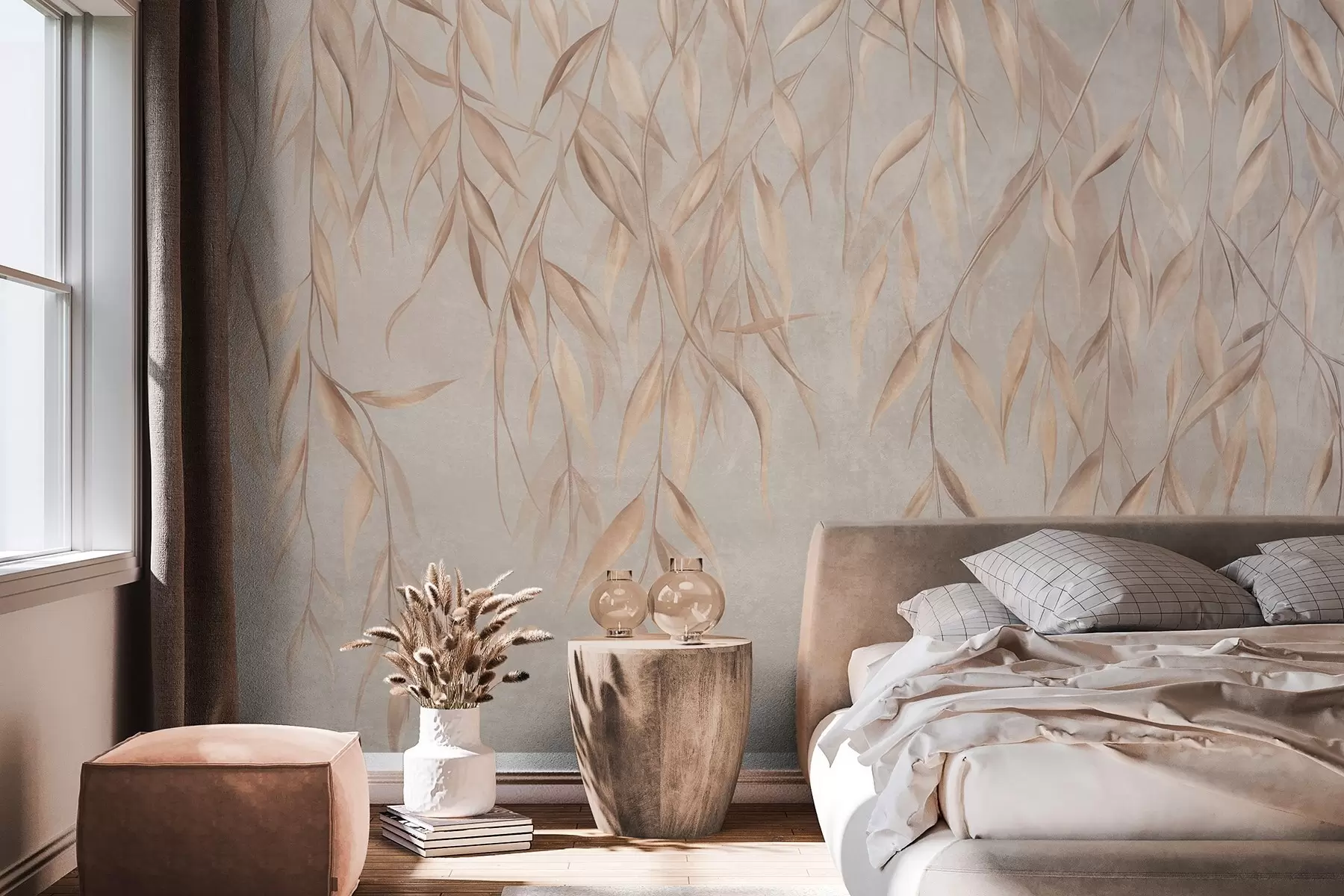 wall murals Delicate, long, light brown leaves hang from branches against a textured background w09980