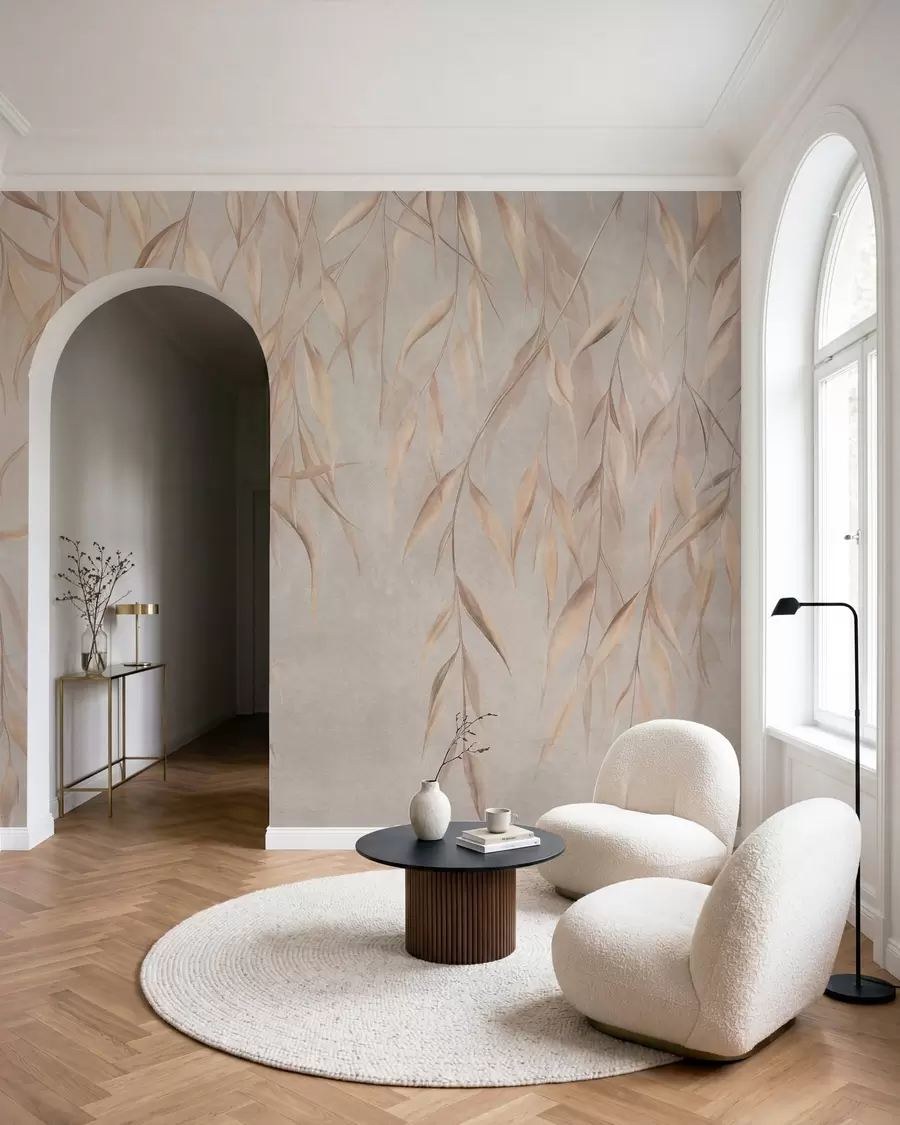 wall murals Delicate, long, light brown leaves hang from branches against a textured background w09980