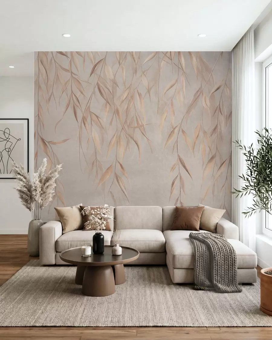 wall murals Delicate, long, light brown leaves hang from branches against a textured background w09980