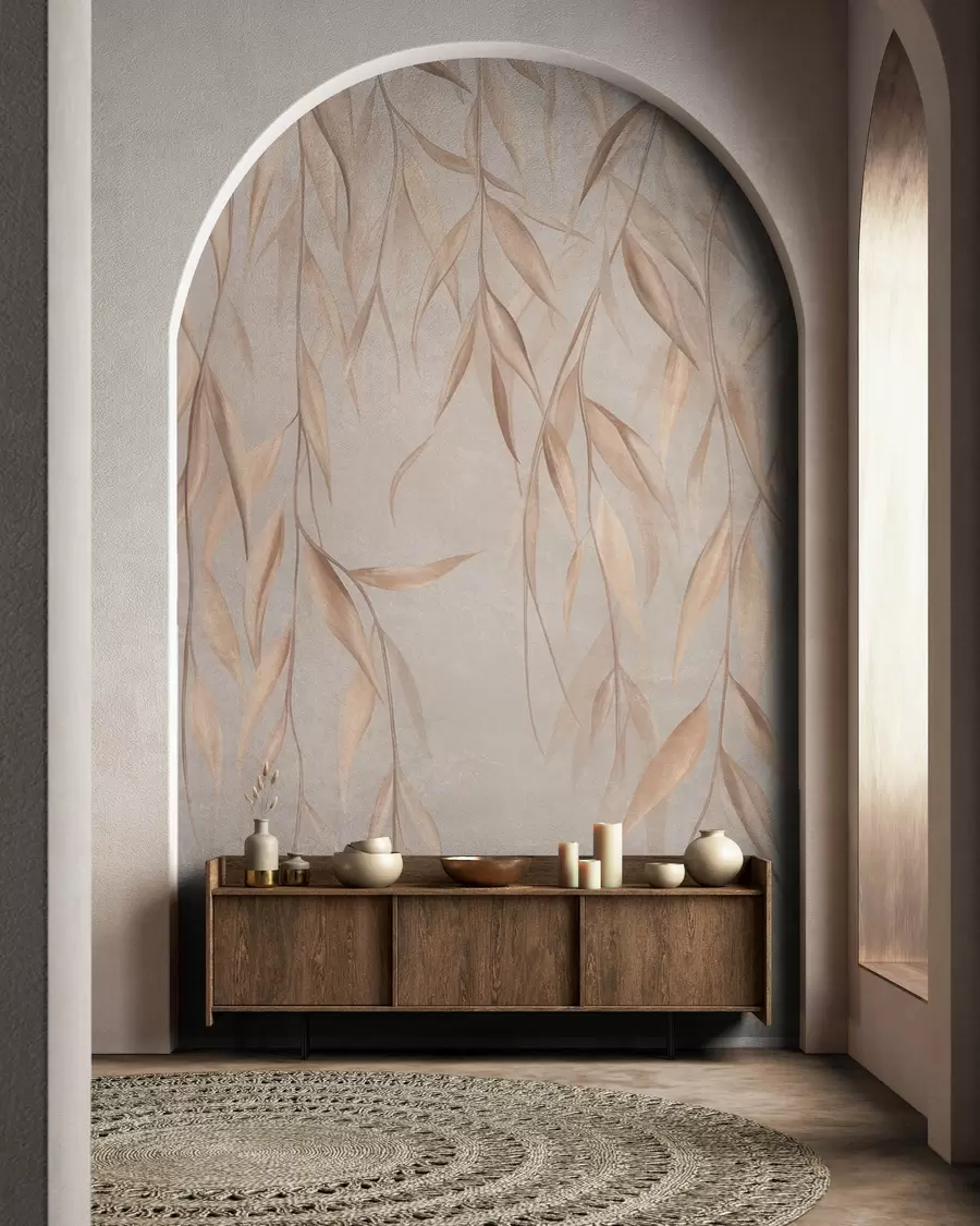 wall murals Delicate, long, light brown leaves hang from branches against a textured background w09980