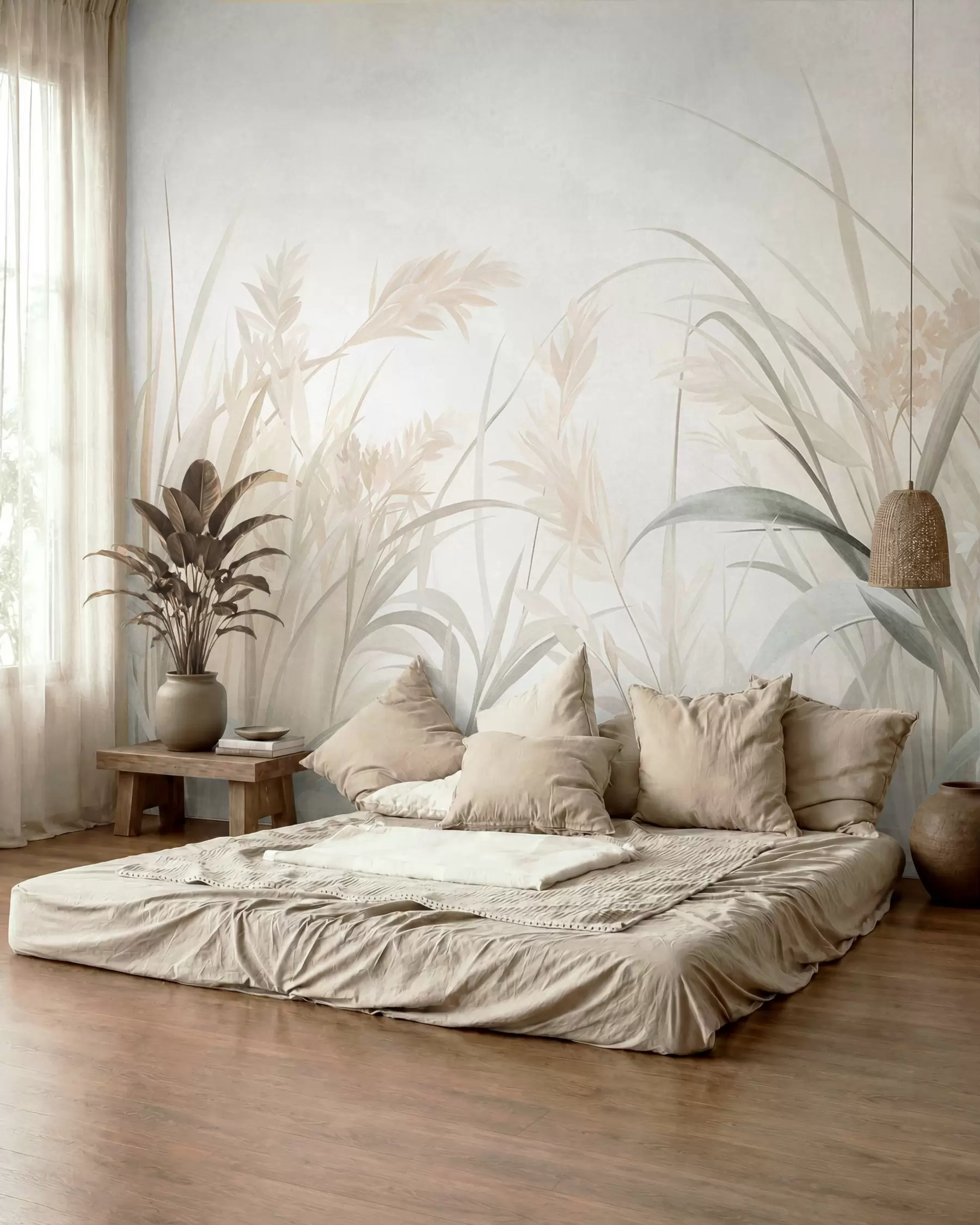 wall murals Tall, wispy grass and reeds in soft, muted tones of beige, cream, and green, textured w09981
