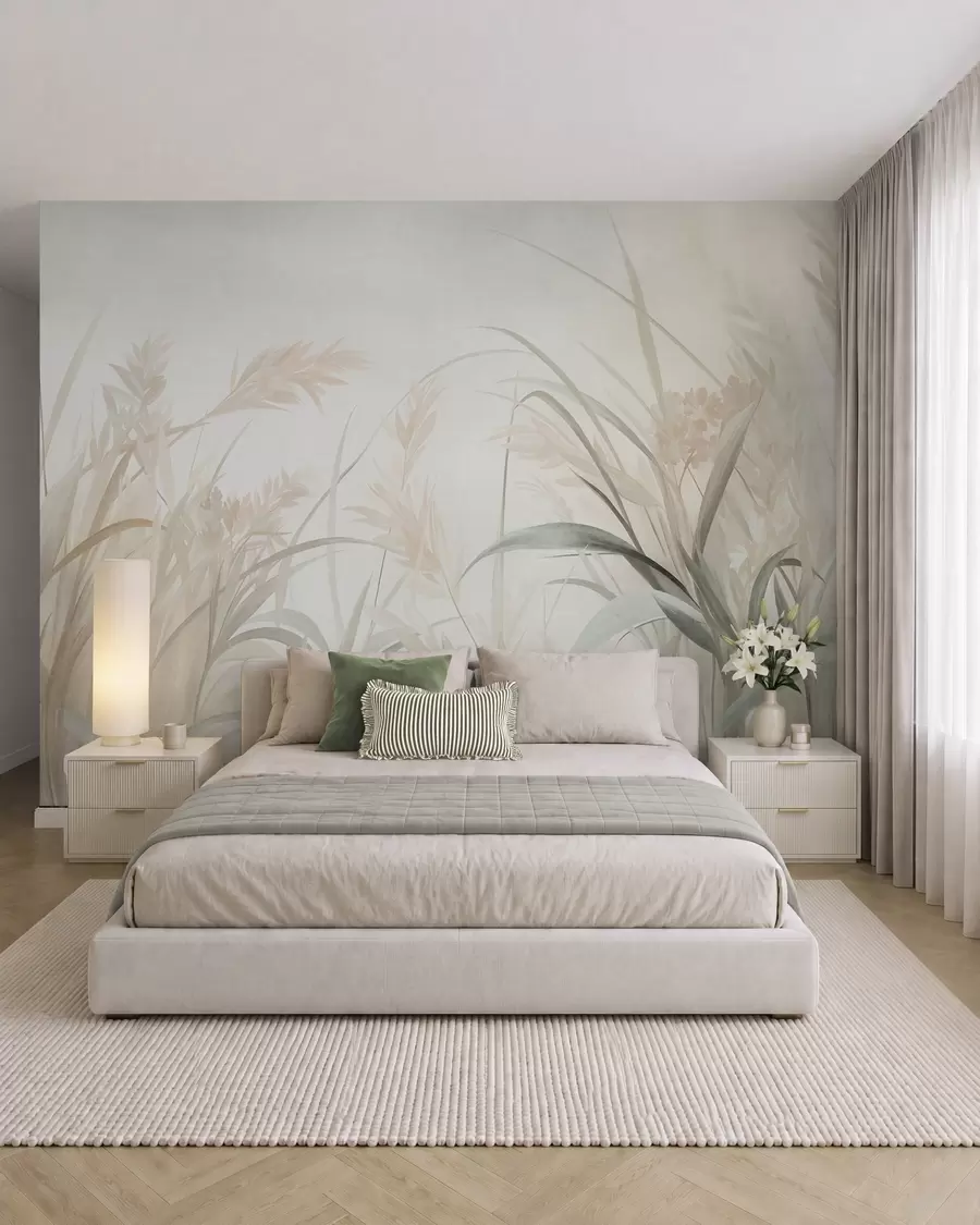 wall murals Tall, wispy grass and reeds in soft, muted tones of beige, cream, and green, textured w09981