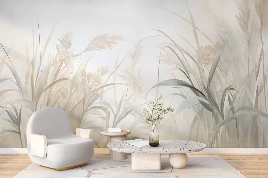 wall murals Tall, wispy grass and reeds in soft, muted tones of beige, cream, and green, textured w09981