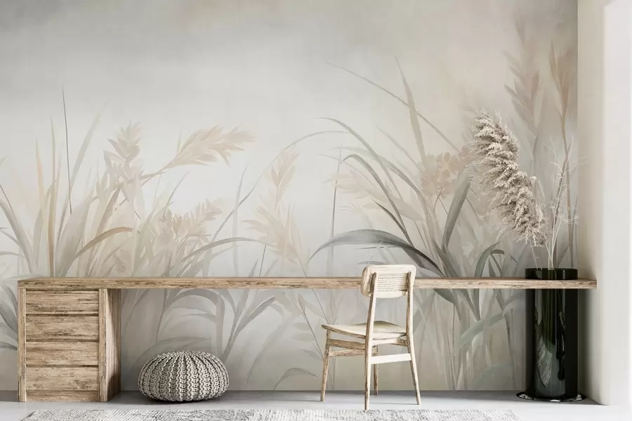 wall murals Tall, wispy grass and reeds in soft, muted tones of beige, cream, and green, textured w09981
