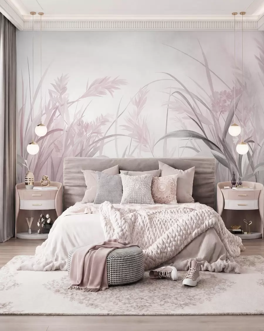 wall murals Tall, wispy grass and reeds in soft, muted tones of pink and gray, textured w09981v1