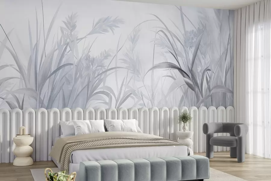 wall murals Tall, wispy grass and reeds in soft, muted tones of blue and gray, textured w09981v2