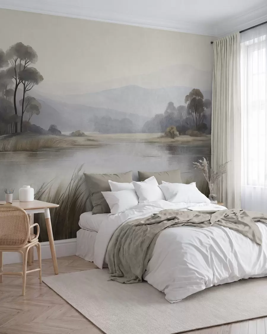wall murals Textured landscape with a lake, tall grasses, trees and mountains in the background w09983