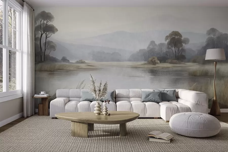wall murals Textured landscape with a lake, tall grasses, trees and mountains in the background w09983